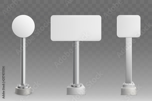 Blank white, empty, round, square and rectangular shape road sign plate, ad banner or billboard on bolted to concrete base metallic stand front view, isolated 3d realistic vector illustration set