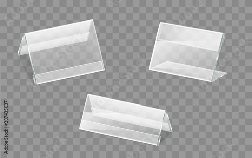 Business cards, advertising leaflets or flyers, promotional handouts, price tags and nameplates holders, made of transparent plastic or acrylic glass isolated 3d realistic vector illustrations set