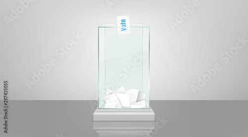 Glass ballot box filled with documents and voting envelope in slot, standing on glossy floor 3d realistic vector illustration. Fair and transparent social polling, democratic elections process concept