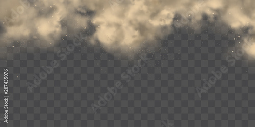 Cloud of dirty smog, brown smoke, heavy thick dust with motes, sand, soil particles isolated 3d realistic vector texture, background. Air pollution, dust allergy, house cleaning concept design element