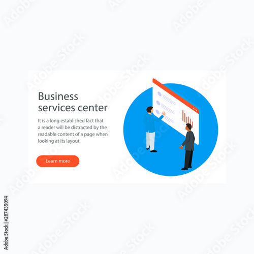 Isometric business research dashboard. Business planning banner. Businessmen make reserach on business board.