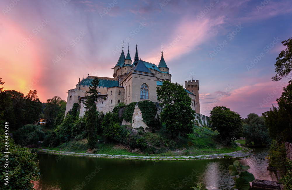 Castle Bojnice, central Europe, Slovakia. UNESCO. Sunset light.