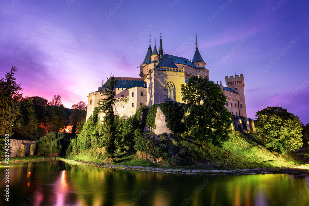 Fototapeta premium Castle Bojnice, central Europe, Slovakia. UNESCO. Sunset light.