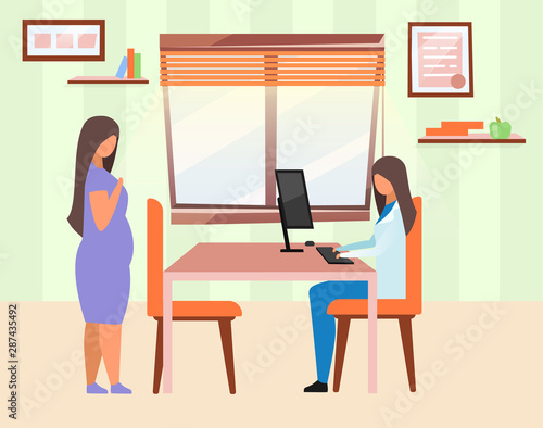 Woman visiting doctor flat vector illustration. Pregnant lady consulting gynecologist cartoon characters. Obese girl and nutritionist. Certified dietitian consulting overweight patient in clinic