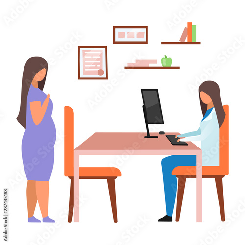 Pregnant woman visiting doctor flat vector illustration. Female gynecologist consulting expectant lady isolated cartoon character on white background. Therapist, dietitian with overweight patient