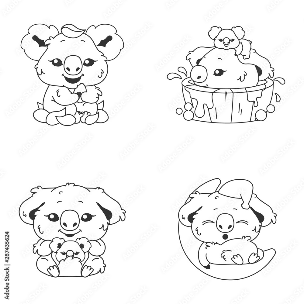 Cute koala kawaii linear characters pack. Adorable and funny animal sleeping on moon, eating eucalyptus isolated stickers, patches. Anime baby koala doodle emojis thin line icons set Cute koala kawaii linear characters pack. Adorable and funny animal sleeping on moon, eating eucalyptus isolated stickers, patches. Anime baby koala doodle emojis thin line icons set