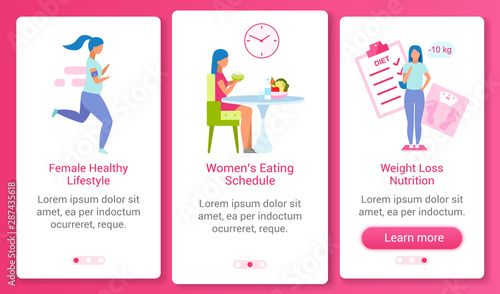 Woman healthy lifestyle onboarding mobile app screen vector template. Food schedule, weight control walkthrough website steps with flat characters. UX, UI, GUI smartphone cartoon interface concept
