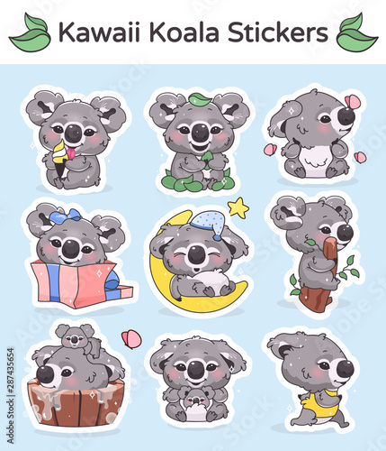 Cute koala kawaii cartoon vector characters set. Adorable and funny smiling animal running, sleeping, bathing and eating isolated stickers, patches pack. Anime baby koala on blue background