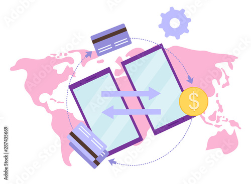 Global payment system flat vector illustration. International financial credit cards transaction cartoon concept. Money transfer, remittance service. Peer to peer payments gateway isolated metaphor