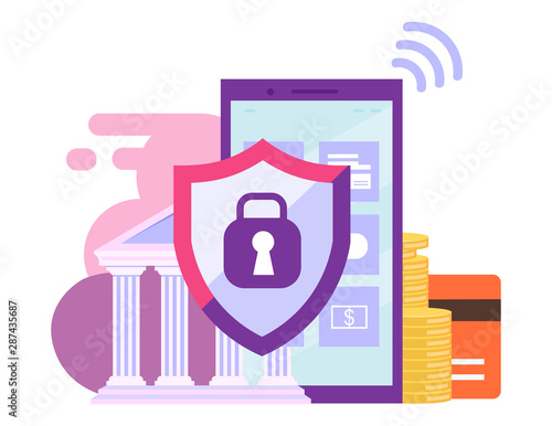 Mobile banking security flat illustration. High protection financial transactions cartoon concept. Ewallet, ebanking app. Smartphone safety and data security isolated metaphor on white background