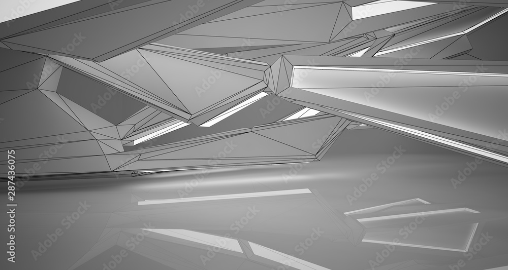 Abstract architectural white interior of a minimalist house with neon lighting. Drawing. 3D illustration and rendering. Abstract architectural white interior of a minimalist house with neon lighting. Drawing. 3D illustration and rendering.