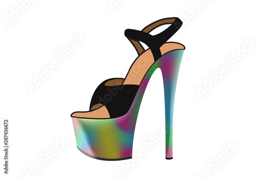 Woman's leg in black leather shoe on high heel and high platform. Vector illustration. Comics style.