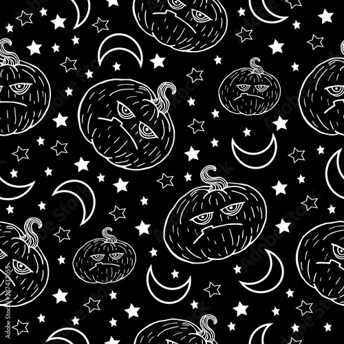 Halloween moody pumpkin, stars and white line month on black background pattern vector illustration for decoration and design