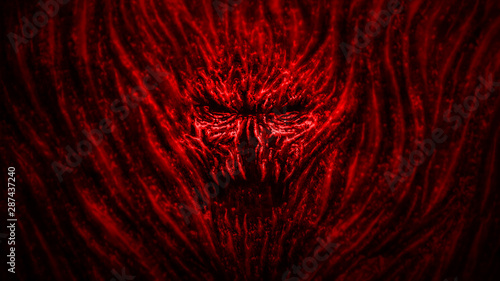 Screaming creepy devil with black eyes. Red color. photo