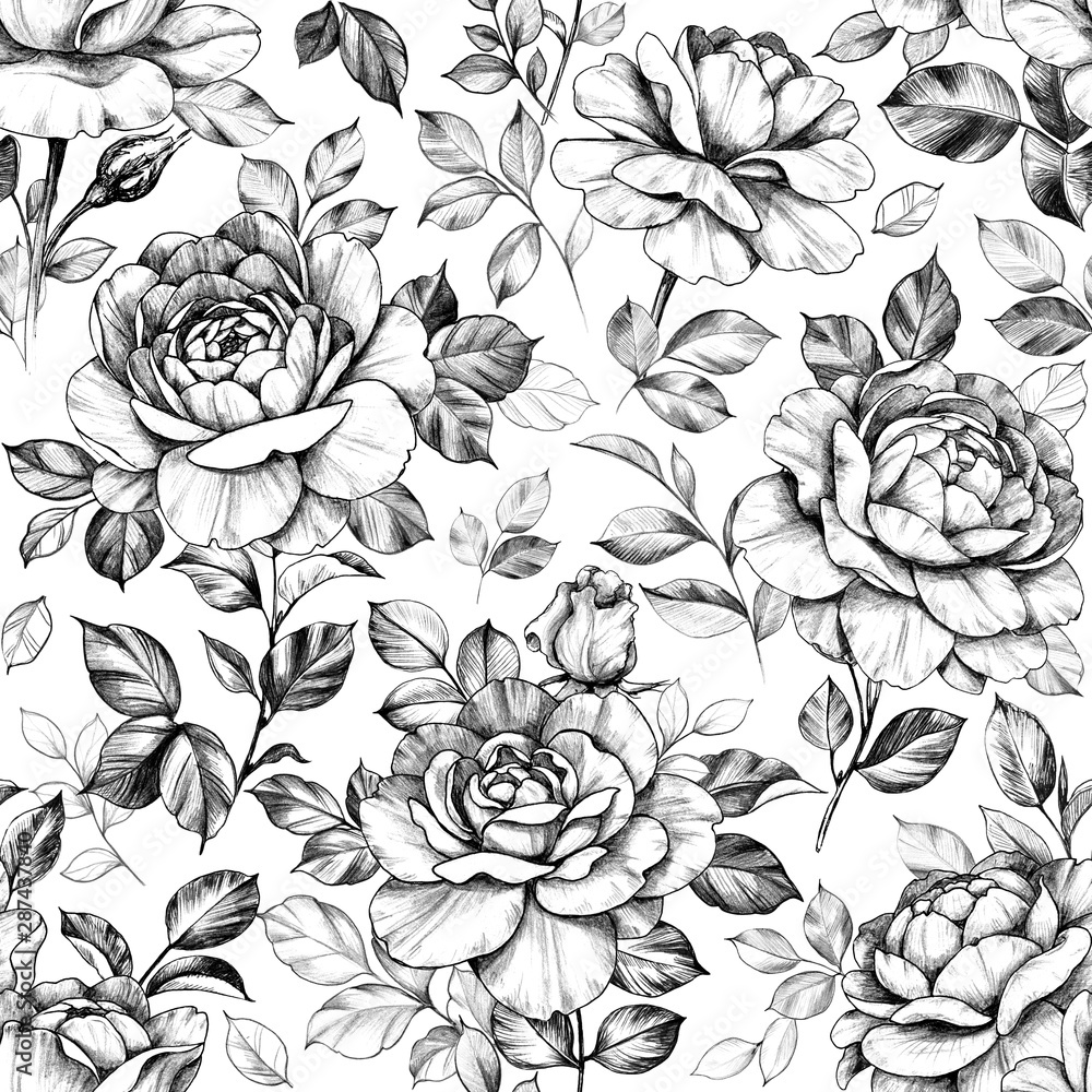 Seamless Pattern with Hand Drawn Rose  Flowers
