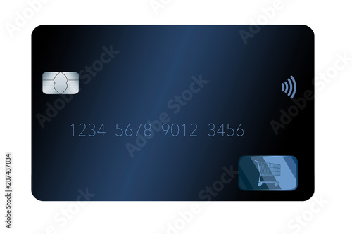 A blue, mock generic credit card with a shopping cart design is seen in this illustration.