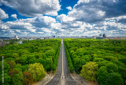 An aerial view of the Tiergarten and Berlin, Germany from the Victory Column on a sunny day.