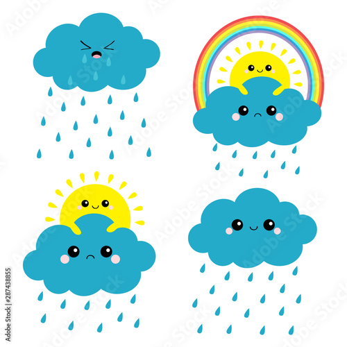 Sun, cloud, rainbow, rain set. Smiling sad face. Rain drop weather. Friends forever. Fluffy clouds. Cute cartoon cloudscape. Cloudy weather sign symbols. Flat design White background Isolated.