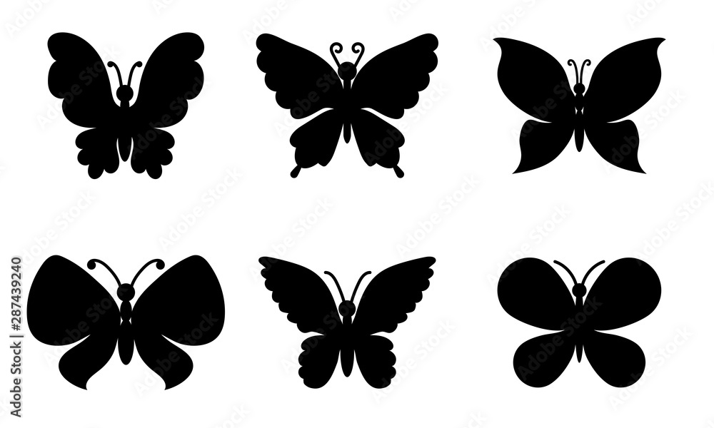 Obraz premium Collection of black butterflies isolated on transparent background. Laser cut vector set. Silhouettes flying insects for icons. Wood carving vector template.