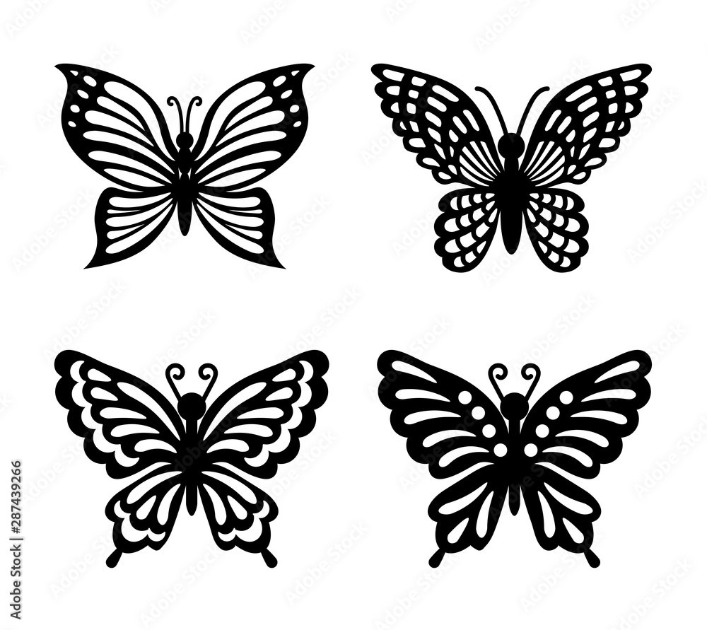 Collection of black butterflies isolated on transparent background. Laser  cut vector set. Silhouettes flying insects for icons. Wood carving  template. Cutting for wedding card, invitation. Stock Vector | Adobe Stock