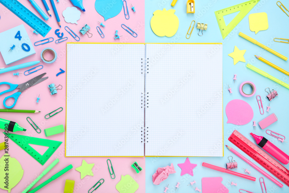 School supplies with blank sheet of paper on colorful background School supplies with blank sheet of paper on colorful background