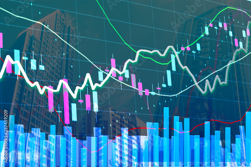 Abstract blurred Stock market graph chart with parabolic indicator in modern skyscraper, stock trading concept and financial markets concept photo