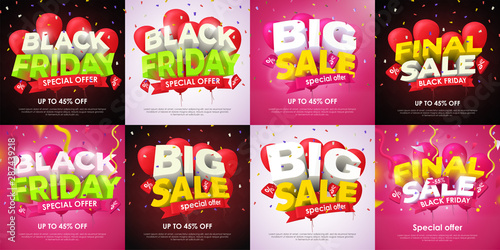 Black friday and Big Sale and Discounts 2019. Set of vector banners. Beautiful discount and promotion banner. 3d inscription and red balloons on a dark background. Fashionable Vector image