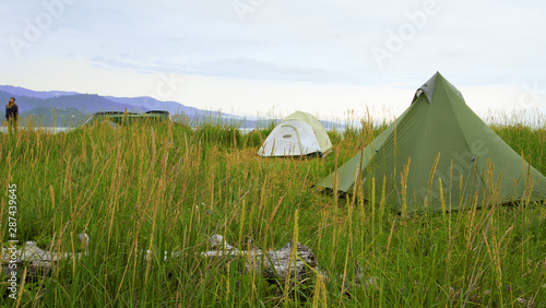 Quaint scenic camping site with tents in a grassy field by the beach. Summer evening. Kachemack Bay State Park. Near Homer, Alaska, USA.