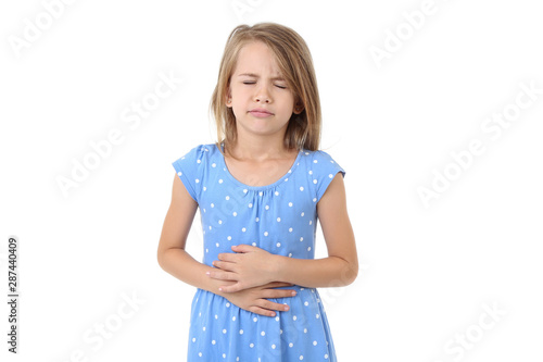 Schilderij op canvas Little girl having stomach ache on white background