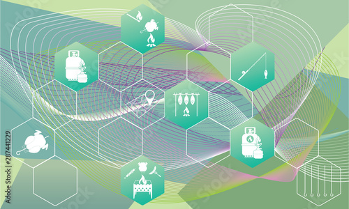 Poster with Set of travel and camping equipment icons