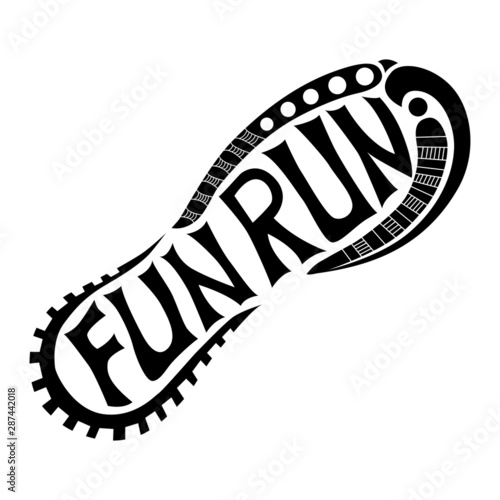 Black and White vector illustration of a shoe print with hand lettering inside spelled Fun Run suitable for a logo, event, banner, advertising, event poster, school fundraiser, marathon, competition.