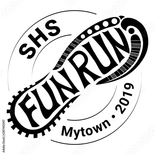 Black and White vector illustration of a shoe print with hand lettering inside spelled Fun Run suitable for a logo, event, banner, advertising, event poster, school fundraiser, marathon, competition.