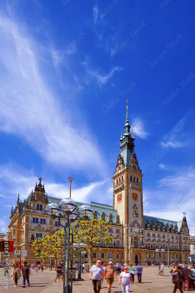 Townhall city hall tower in Hamburg, Germany on a sunny summer day