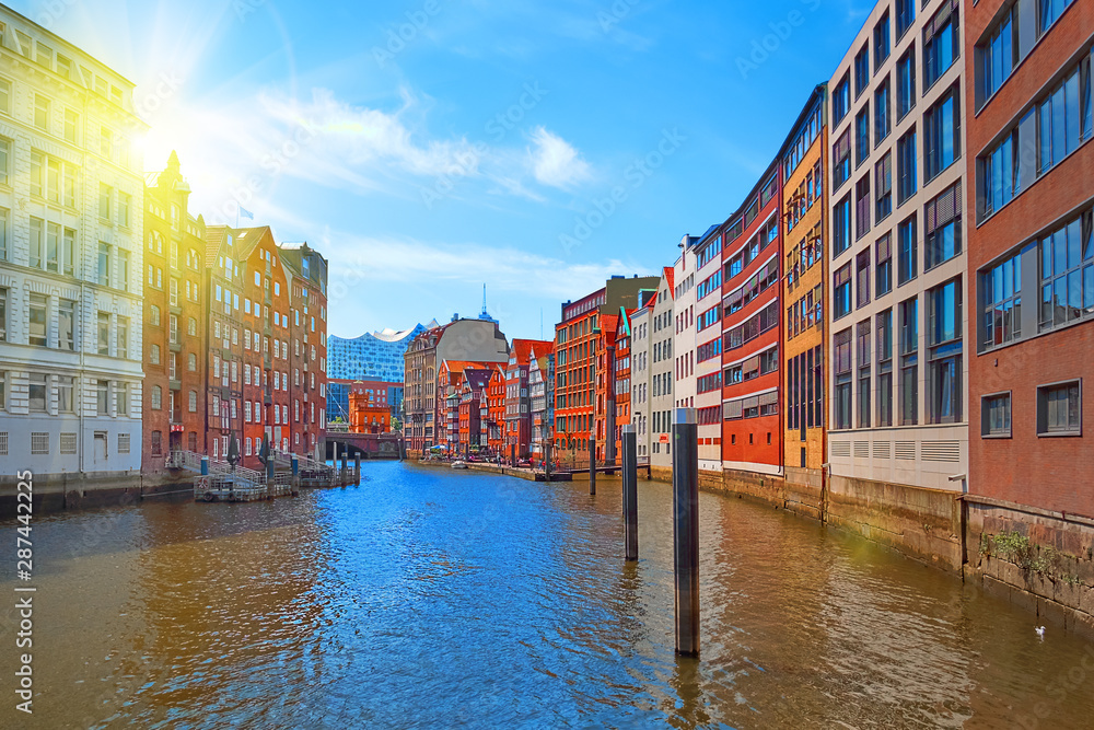 Beautiful view of famous Hamburg Speicherstadt warehouse district on a sunny day in summer, Hamburg, Germany