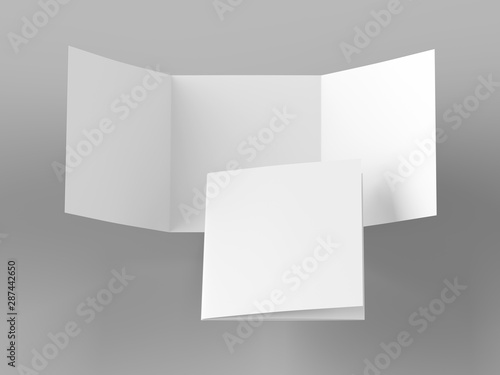 Open folded leaflet in square format. Flying leaflet folded to 3. 3d illustration