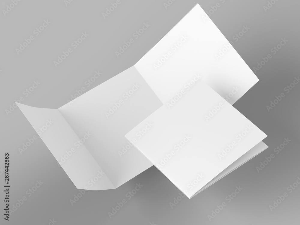 Open folded leaflet in square format. Flying leaflet folded to 3. 3d illustration Open folded leaflet in square format. Flying leaflet folded to 3. 3d illustration