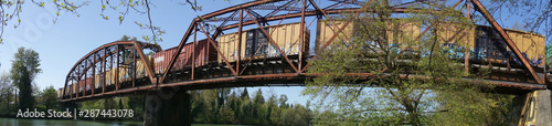 Fotografi Cargo train passing across a trestle in Eugene, Oregon.