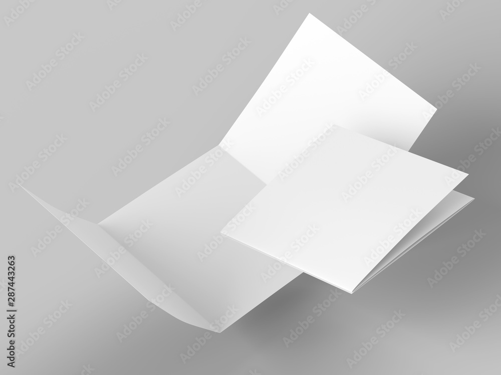 Open folded leaflet in square format. Flying leaflet folded to 3. 3d illustration Open folded leaflet in square format. Flying leaflet folded to 3. 3d illustration