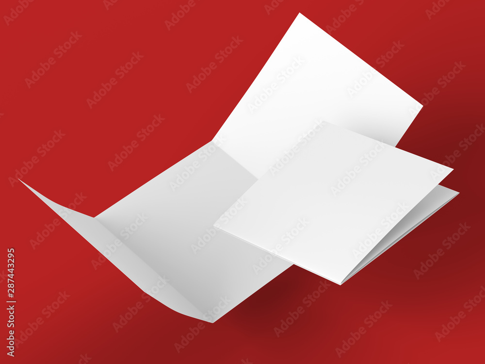 Open folded leaflet in square format. Flying leaflet folded to 3. 3d illustration Open folded leaflet in square format. Flying leaflet folded to 3. 3d illustration