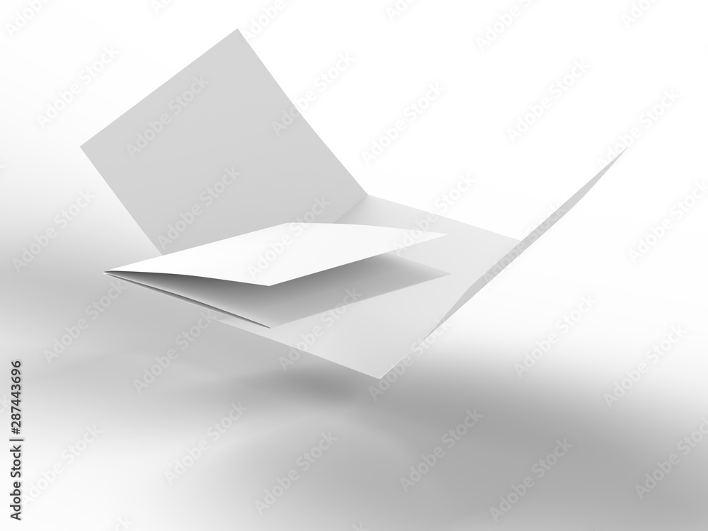Open folded leaflet in square format. Flying leaflet folded to 3. 3d illustration Open folded leaflet in square format. Flying leaflet folded to 3. 3d illustration