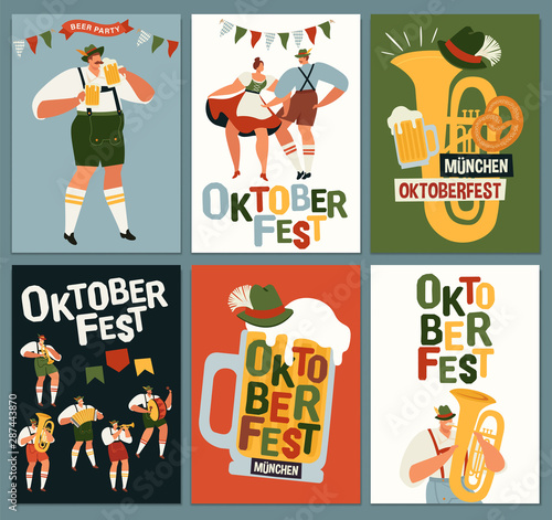 Group Of People Drink Beer Oktoberfest Party Celebration Man And Woman Wearing Traditional Clothes couples dance, musicians play. Fest Concept Flat Vector Illustration.