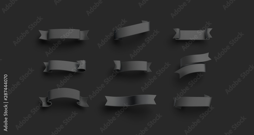 Blank black banderole mockup set, isolated on dark background