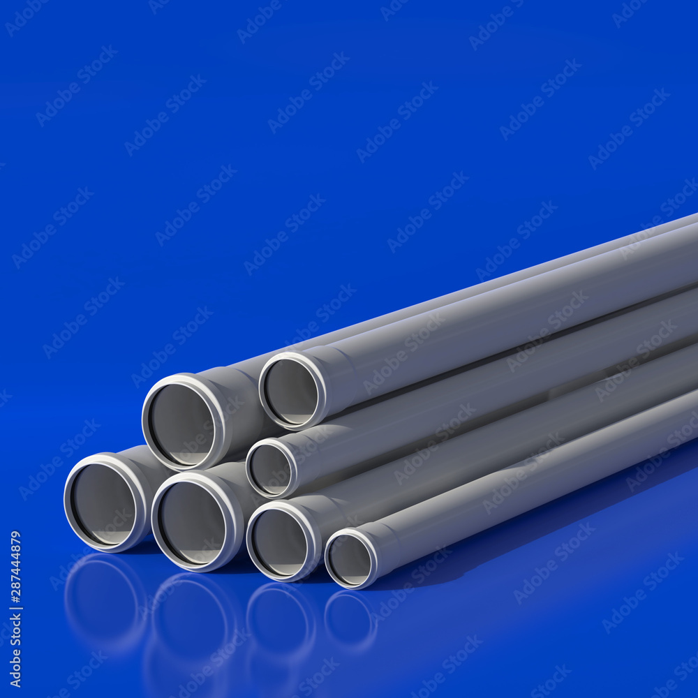 Plastic pipes of polypropylene for sewage. 3D illustration. Plastic pipes of polypropylene for sewage. 3D illustration.