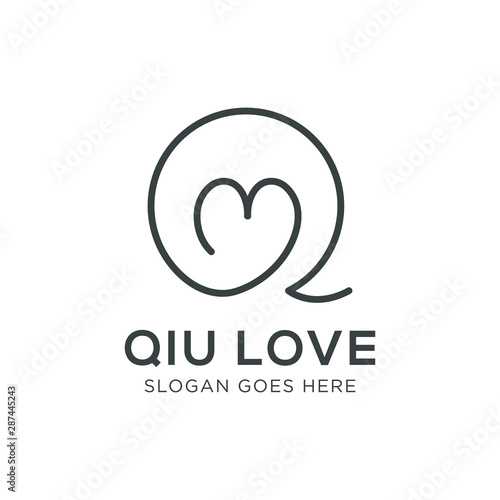 Letter Q and love logo design template / Monoline Q with love / Initial QM MQ Logo