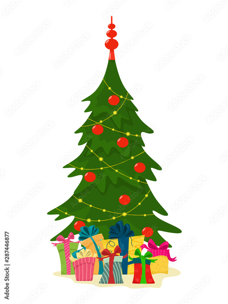 Christmas tree with gift boxes. Vector illustration in cartoon flat style on a white background. Christmas tree with gift boxes. Vector illustration in cartoon flat style on a white background.