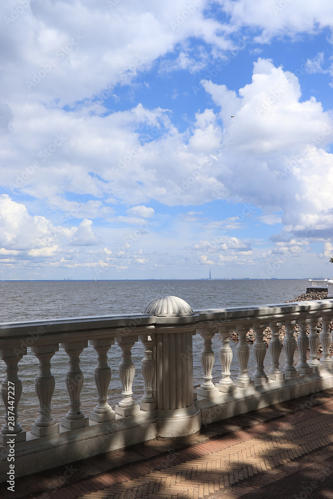 Russia, St. Petersburg, Peterhof, June 8, 2019. On the photo the Gulf of Finland in the Lower Park of the State Museum-Reserve 
