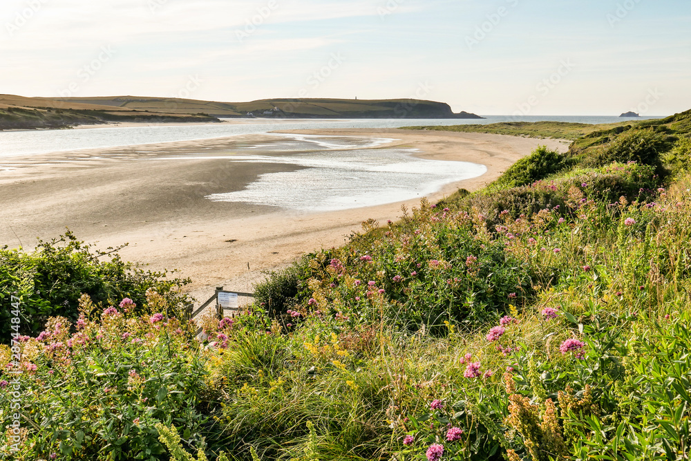 The Camel estuary at low tide in North Cornwall, England UK, looking towards Stepper Point on a sunny day.