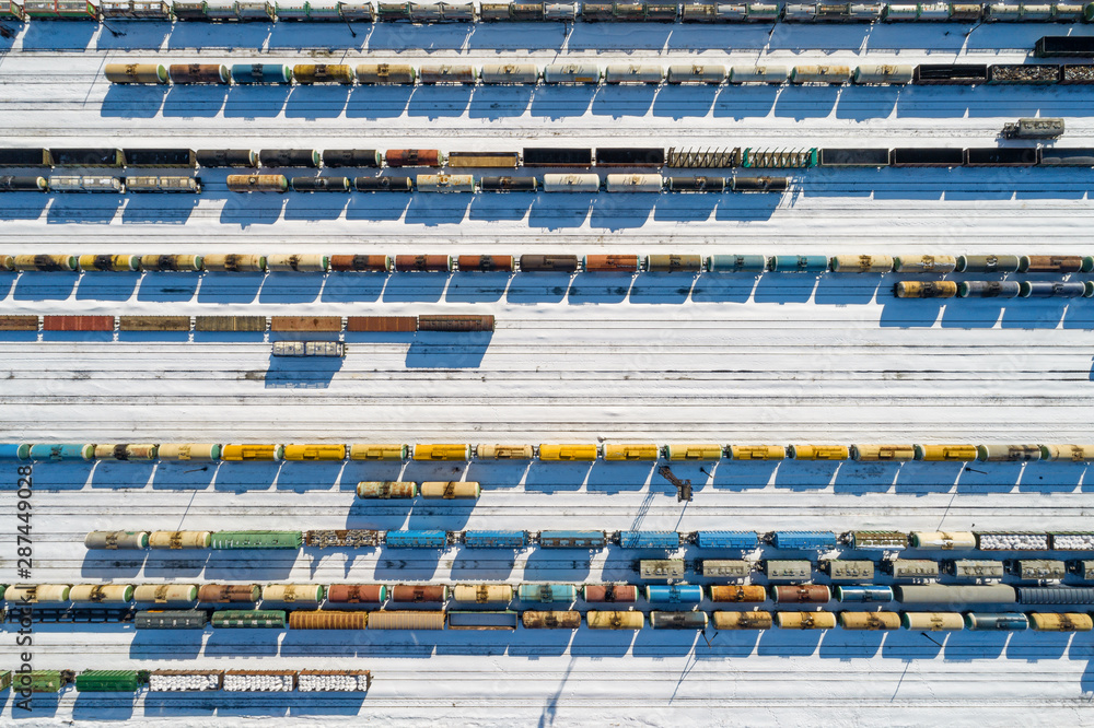 Aerial view of freight trains on the sorting railway station