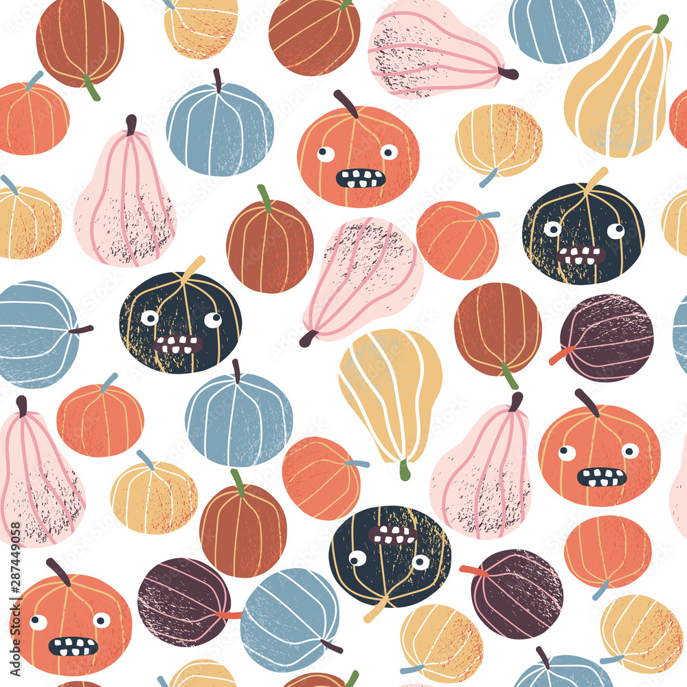 Obraz Seamless pattern with funny pumpkins. Holiday autumn background. Vector hand drawn illustration.