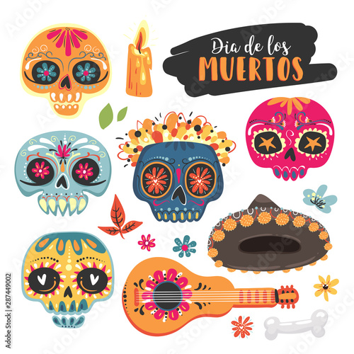 Mexican holiday Day of the Dead . Set of sugar skull, flowers, lettering Dia de los Muertos . Vector illustrations